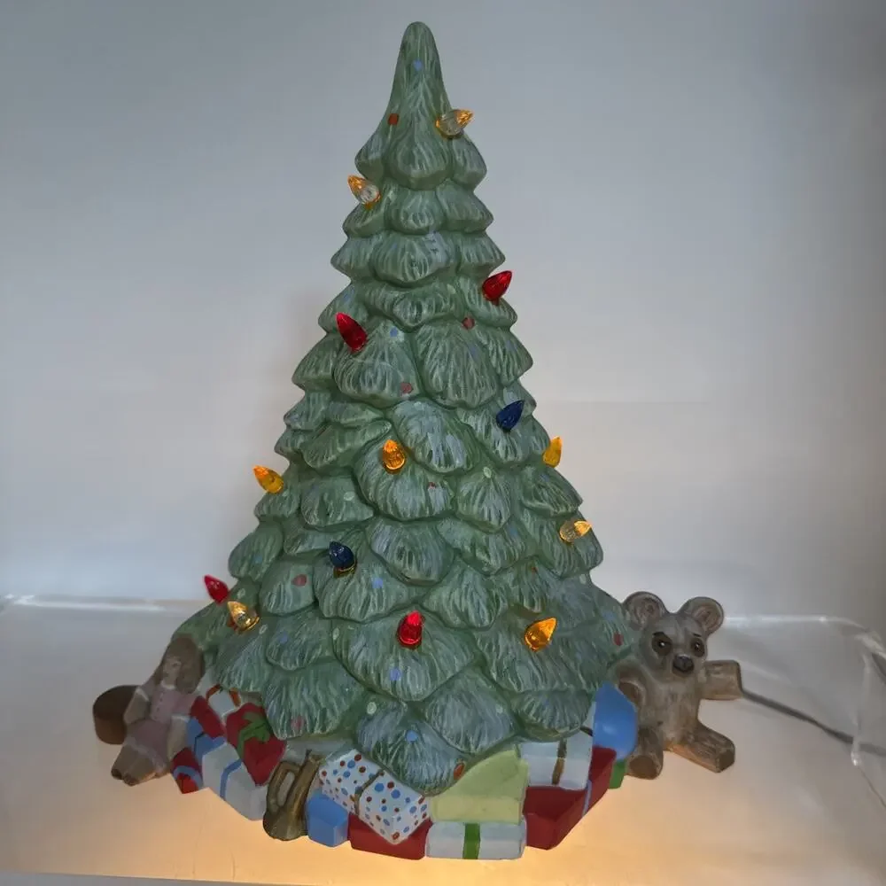 Ceramic Christmas Tree - Presents, Teddy, Doll Below Tree - Read